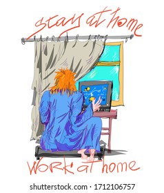 A woman at the window with a laptop that works at home during the coronavirus pandemic. The slogan is "Stay at home, work at home". Vector.