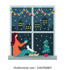 Woman at the window with a mug of hot drink. Christmas at home. Winter night city. Christmas tree in a pot. Flat style vector illustration.