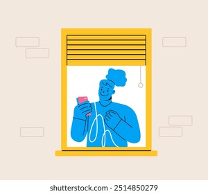 Woman at window with telephone. Woman relaxing with mobile phone at home. Colorful vector illustration
