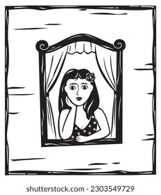 Woman at the window vector, Cordel literature style, woodcut from northeastern Brazil