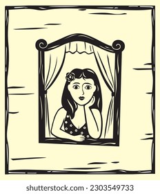 Woman at the window vector, Cordel literature style, woodcut from northeastern Brazil