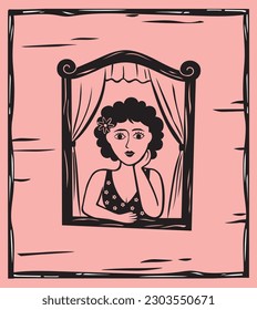 Mujer en el vector de ventanas, estilo de literatura Cordel, leñado del noreste de Brasil