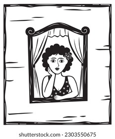 Woman at the window vector, Cordel literature style, woodcut from northeastern Brazil