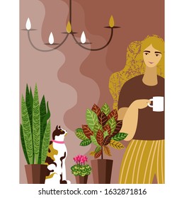 woman at the window. vector image of a woman with a Cup of coffee at an open window with plants and a cat
