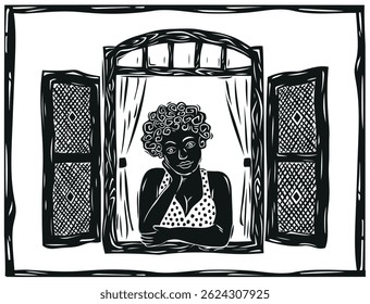 Woman in the window, woodcut in the style of Brazilian cordel. Black, brunette girl. Vector illustration.