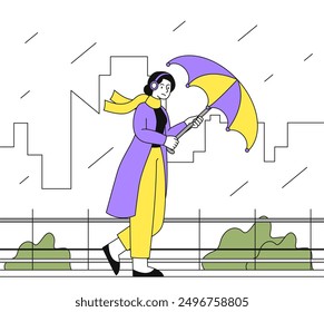 Woman in windy day. Young girl walks on street with umbrella in storm or hurricane. Windy and rainy weather. Autumn and fall season. Linear vector illustration isolated on white background