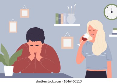 Woman in wine alcoholism vector illustration. Cartoon unhappy man sitting at home desk, thinking about trouble of couple stress relationship, female character holding redwine alcohol glass background