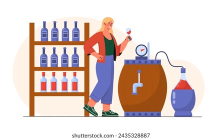 Woman with wine concept. Young girl with wineglasses. Alcoholic drinks and beverages. Sommelier with wine production, barrel and bottles. Cartoon flat vector illustration isolated on white background
