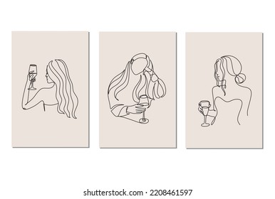 Woman with wine glass line draw. Drawing with one continuous line. Linear glamor logo in a minimalistic style for a wine label.