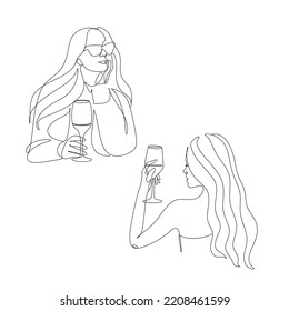 Woman with wine glass line draw. Drawing with one continuous line. Linear glamor logo in a minimalistic style for a wine label.