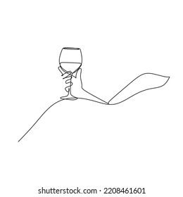 Woman with wine glass line draw. Drawing with one continuous line. Linear glamor logo in a minimalistic style for a wine label.