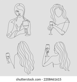 Woman with wine glass line draw. Drawing with one continuous line. Linear glamor logo in a minimalistic style for a wine label.