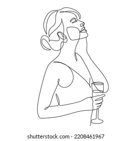 Woman with wine glass line drawing art