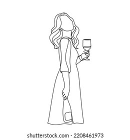 Woman with wine glass line drawing art