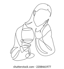 Woman with wine glass line drawing art
