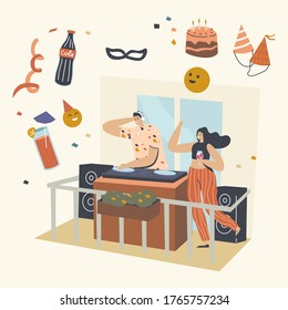 Mujer con vidrio de vino y hombre celebran con Balcón, fiesta de cumpleaños. Personajes que celebran el evento festivo durante la epidemia viral global o el aislamiento pandémico. Ilustración de vectores de personas lineales