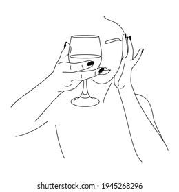 Woman and Wine Glass in a Minimal Trendy Style . Vector Fashion Illustration of women's hands in a trendy linear style.