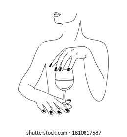 Woman and Wine Glass in a Minimalist Style . Vector Fashion Illustration of women's hands in a trendy linear style. Fine art for posters, tattoos, store and Bar logos