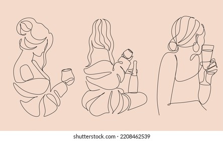 Woman with wine glass vector line  art. Girl drinks wine or champagne from a glass. Linear silhouette of a woman with a glass goblet. Drawing in one continuous line. 