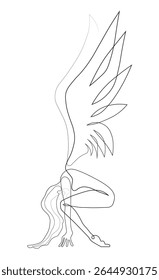 Woman with wings, continuous line drawing, small tattoo, print for clothes and logo design, emblem or logo design, silhouette one single line, isolated abstract vector illustration.