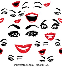 Woman wink, surprised, smile, inlove, kissing wink, laugh, smirk vector emoticons, emoji, smiley icons, characters. Fashion illustrated women's emotional faces seamless pattern.