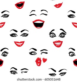 Woman wink, surprised, smile, inlove, kissing wink, laugh, smirk vector emoticons, emoji, smiley icons, characters. Fashion illustrated women's emotional faces seamless pattern.