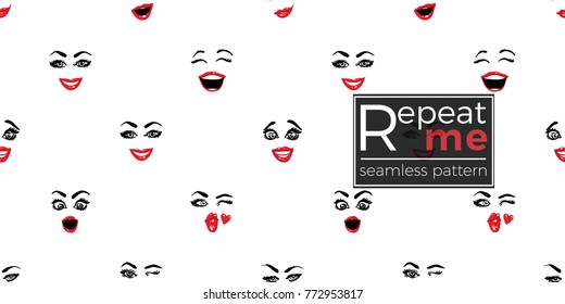 Woman wink, surprised, smile, in love, kissing wink, laugh, smirk vector emoticons, emoji, smiley icons, characters. Fashion illustrated women's emotional faces seamless pattern.