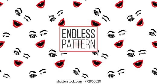 Woman wink vector emoticons, emoji, smiley icons, characters. Fashion illustrated women's emotional faces seamless pattern.
