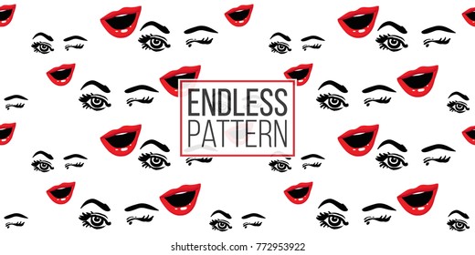Woman wink vector emoticons, emoji, smiley icons, characters. Fashion illustrated women's emotional faces seamless pattern.