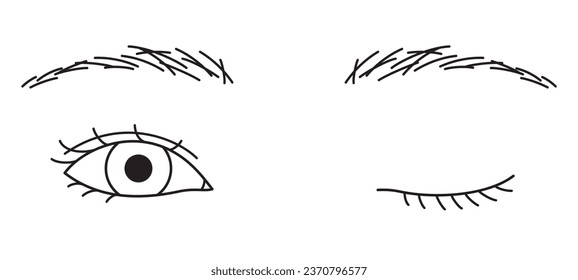 woman winking eye, double eyelids, Almond eyes, outline illustration