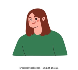 Mulher piscando com sorriso alegre e brincalhão. Retrato de menina, olhando com expressão de rosto bonito, emoção engraçada, avatar de cabeça. Jovem personagem feminina. Ilustração de vetor plano isolada no plano de fundo branco