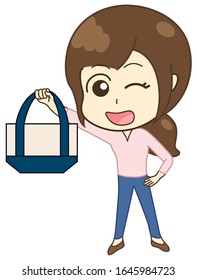 A woman winking with a tote bag