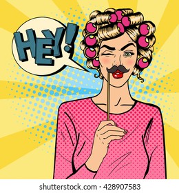 Woman Winks. Attractive Girl with Curlers on her Head and Photo Booth Mustaches. Pop Art. Vector illustration