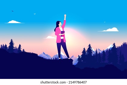 Woman winner - Casual businesswoman holding hand in air celebrating success and winnings with epic landscape and sun in background. Vector illustration with copy space for text.