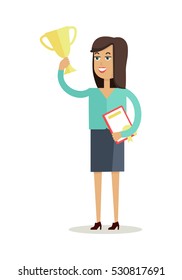 Woman winner character Vector. Flat style. Female with diploma raises cup above her head. Success and victory concept for business concepts,  app icons, infographics. Isolated on white background.  