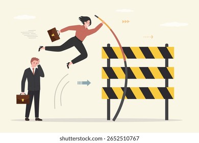 Mulher vencedora salto e supera um obstáculo, enquanto o homem perdedor cede às dificuldades. Obstáculo ao desenvolvimento empresarial. Sem saída na carreira. Problemas no caminho dos funcionários. ilustração vetorial