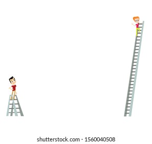 Woman winner, successful, on top of the big stairs. Man in the top of small stairs. Career growth concept. Competition. Vector Illustration. Flat design