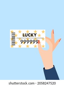 Woman wins  lottery prize, woman hand’s holding lotto and win the prize, random lottery number ticket in hands, lottery ticket with hypothetical numbers and barcode, lucky woman wins lotto.