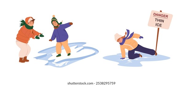 Mujer en tela de invierno que cae en el pavimento de hielo resbaladizo al aire libre. Personaje femenino se deslizó sobre el hielo en el fondo de la ciudad de invierno. Niña cae agitando las manos. Camino resbaladizo. Vector plana ilustración de dibujos animados