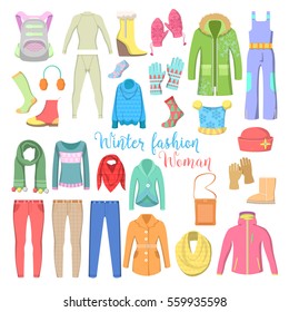 Woman Winter Clothes and Accessories Collection with Shoes, Coats and Sweaters. Vector illustration