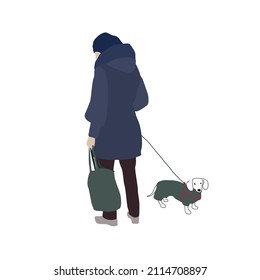 Woman in winter clothes with a dachshund on a leash. City vector flat infographics.