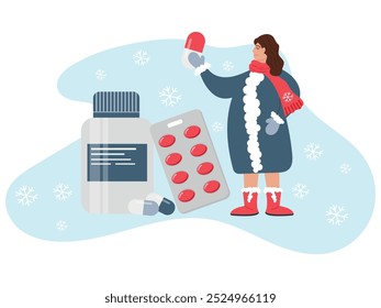 Mulher com roupas de inverno segurando uma pílula grande. Ilustração vetorial de um frasco grande com comprimidos, remédio. Conceito de tratamento de doenças, gripe e febre. Terapia de saúde. Doença sazonal