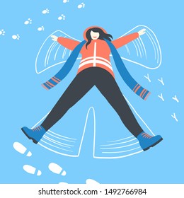 Woman in winter clothes make snow angel. Happy pretty girl make wings. A lot of different tracks in the snow. Winter holidays design vector illustration.