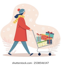 Woman in winter clothes pushing a cart with wrapped holiday gifts, surrounded by snowflakes.