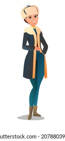 Woman in winter clothes. Sheepskin coat and warm hat. Girl in winter. Cheerful person. Standing pose. Cartoon comic style flat design. Single character. Illustration isolated background. Vector.