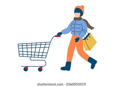 Woman in Winter Clothes with Shopping Cart