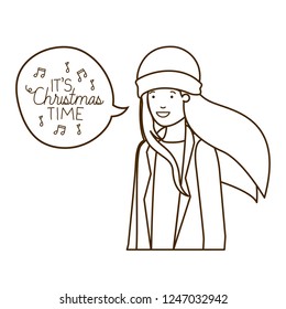 woman with winter clothes and speech bubble