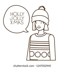 woman with winter clothes and speech bubble