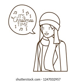 woman with winter clothes and speech bubble