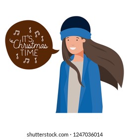 woman with winter clothes and speech bubble